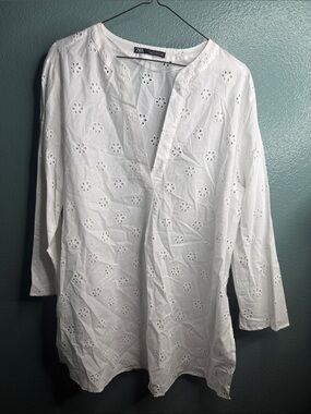 Zara White Eyelet Split-Neck Tunic